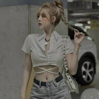 Áo croptop cổ bẻ, áo sơ mi cột dây eo chất kate - Colory Shop