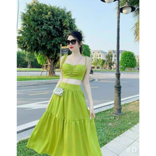 [8.8 Sales Freeship] Set áo 2 dây nhún ngực croptop mix chân váy dài, set váy maxi đi biển trơn màu quyễn rũ mtb