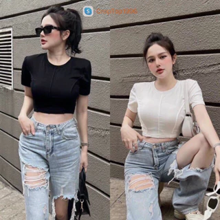 Áo thun ôm nữ croptop cổ tròn viền nổi A125