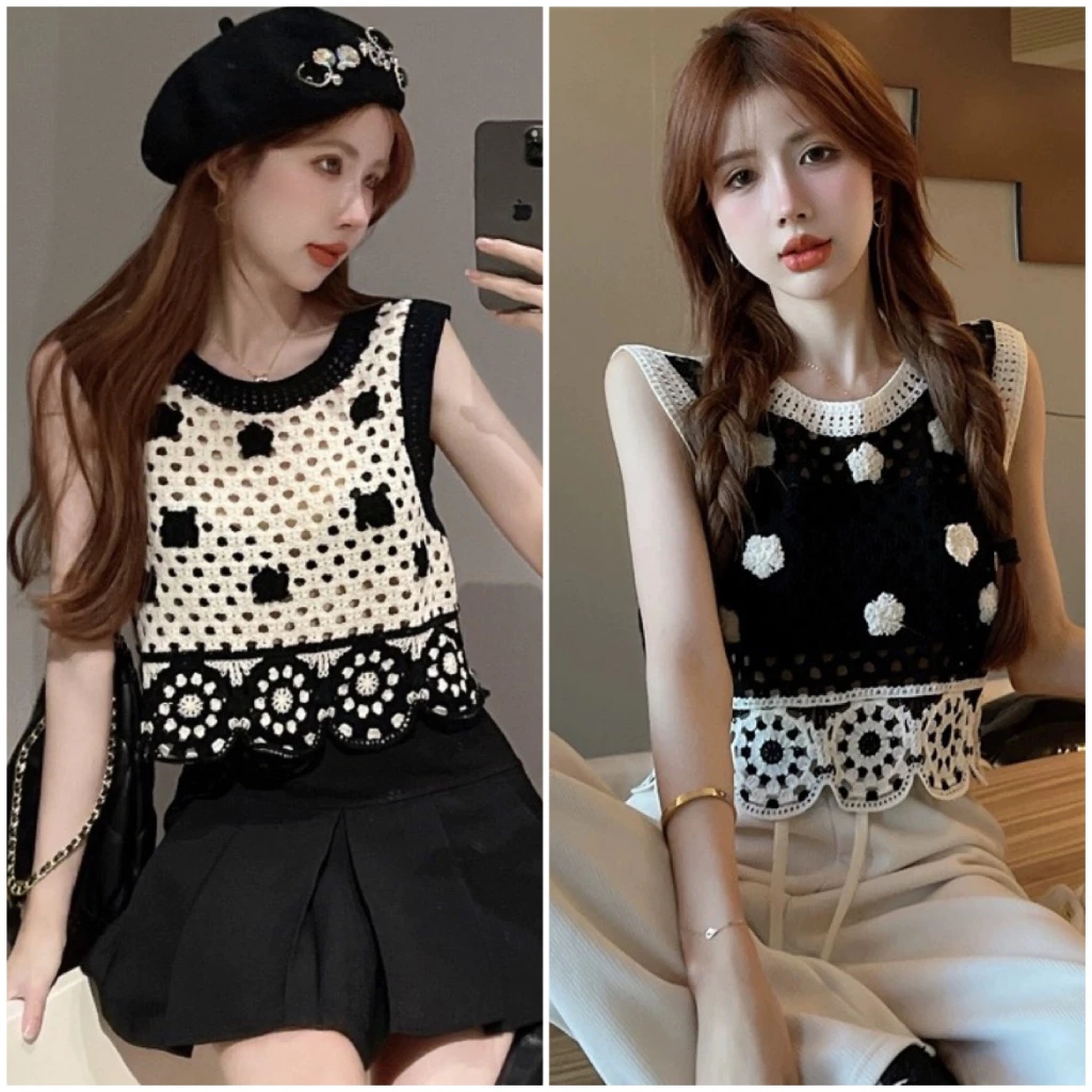 Áo ba lỗ dệt kim nữ kiểu cổ tròn Tank Top không tay len lỗ họa tiết thêu hoa nổi phong cánh ulzzang Hàn Quốc