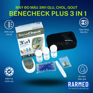 Máy đo đường huyết, mỡ máu, gout Benecheck Plus 3 in 1 đa chức năng + 3 hộp que thử