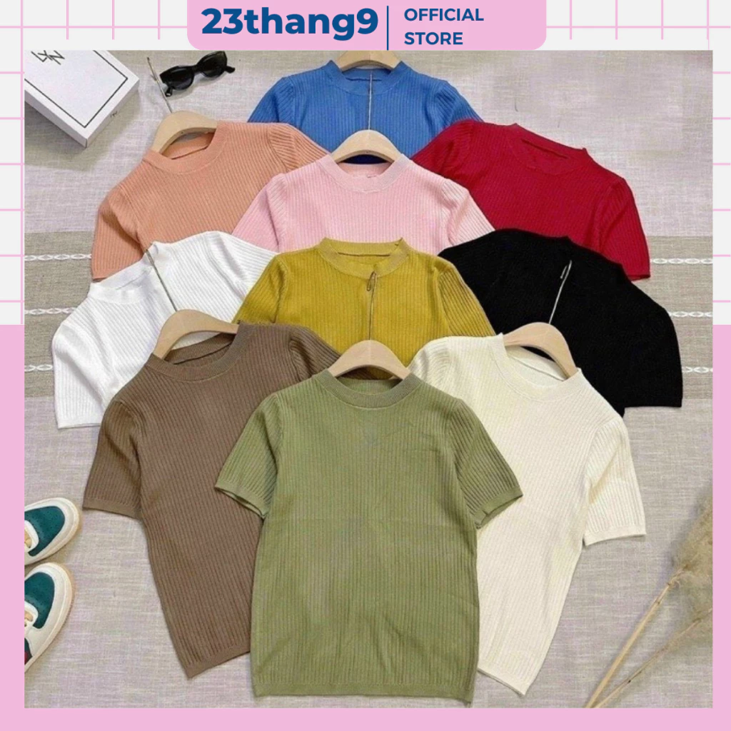 Áo len cộc tay , áo thun cổ tròn nữ tay ngắn màu đen màu trắng dáng basic vải len quảng châu dày dặn cao cấp A454