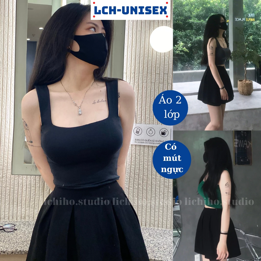 Áo 2 dây croptop cổ vuông trơn có mút ngực trẻ trung áo bra bảng to hai lớp basic sexy chất vải borip tôn dáng Lch