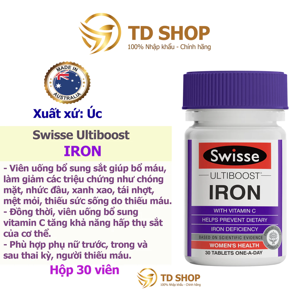 [NK Úc] Sắt Swisse Iron 30 viên, Bổ sung sắt hữu cơ không gây táo bón úc - TD Shop