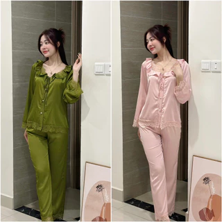 Đồ Ngủ, Pijama Tiểu Thư Tay Dài Thiết Kế Ren Mi Chất Lụa Latin Cao Cấp - Đồ Bộ Nữ Freesize