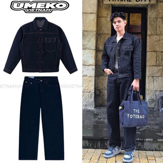 UMEKO Set Denim On Denim DARK BLUE Ver.3 Gồm Áo Khoác Jean Tay Dài Và Quần Jean Form Suông Ống Rộng Thời Trang Y2K Retro