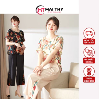 Set Trung Niên Nữ MAI THY S901, Bộ Đồ Áo Voan Hoa Phối Quần Lụa 9 Tấc Ngắn Tay Sang Trọng | Thời Trang Trung Niên U40+