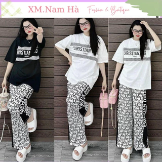 Set bộ quần áo thun nữ gồm áo phông rộng và quần dài ống rộng chất cotton mát đẹp xinh