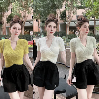 Áo len lông vạt chéo dây xích cổ sexxy, Áo kiểu len mỏng croptop AL8819 - NhiNhi Shop