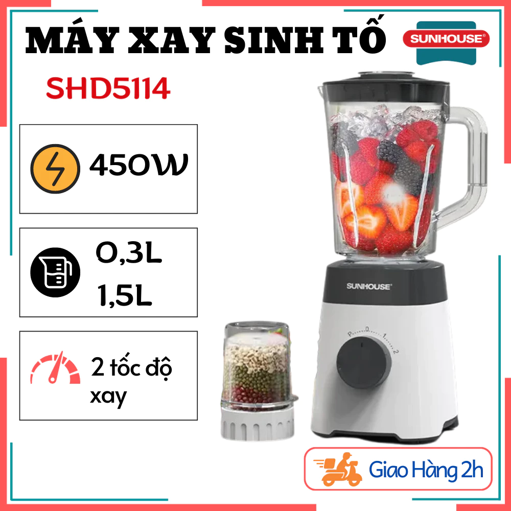 Máy Xay Sinh Tố Đa Năng 2 Cối SUNHOUSE SHD5114 - Công Suất 450W, Dung Tích 1,5L, Xay Hoa Quả, Xay Thực Phẩm Khô