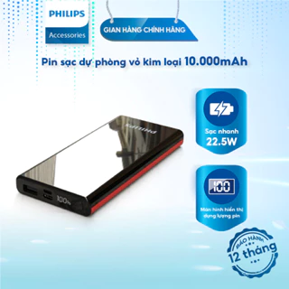 Pin sạc dự phòng Philips DLP8612 10.000mAh cổng ra USB-A sạc 22.5W, USB-C sạc 20W vỏ kim loại màn LED hiển thị thông số.