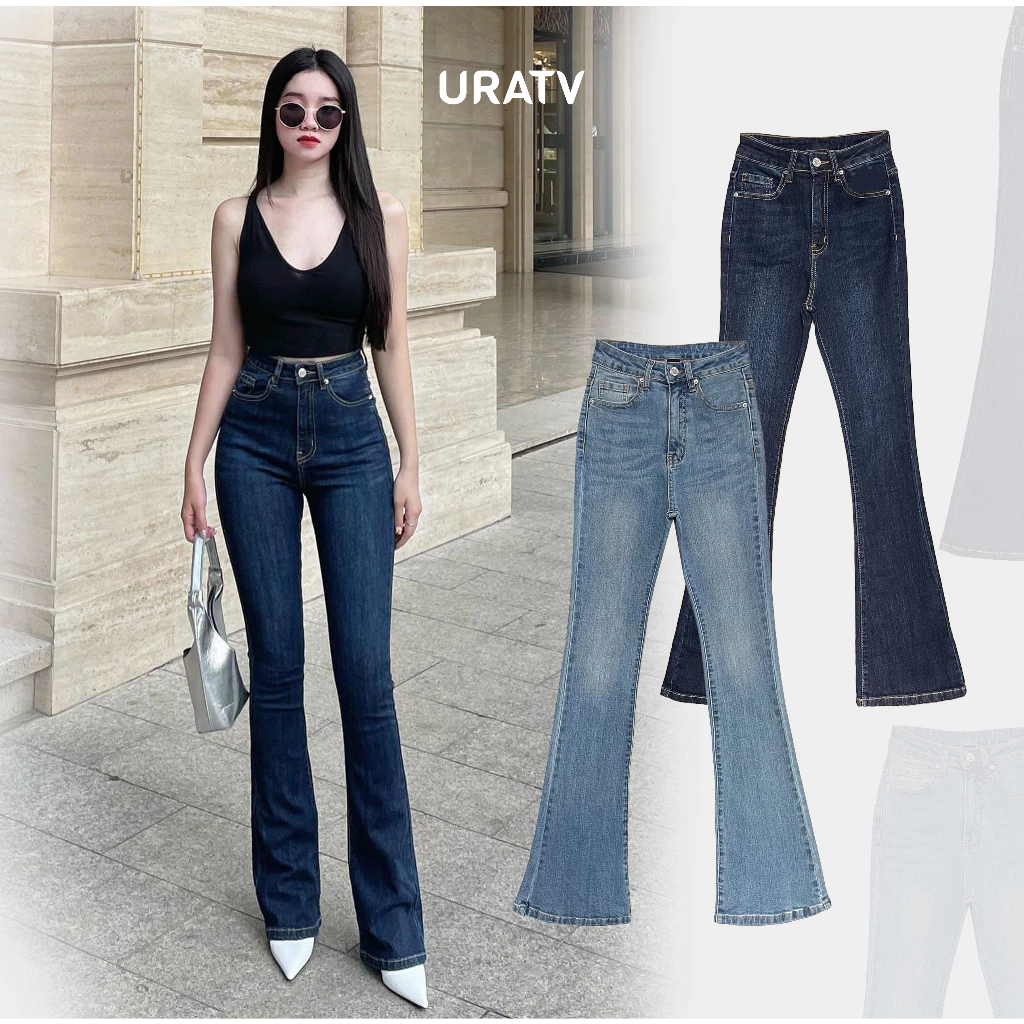 Quần jean nữ ống loe dài 105cm lưng cao phủ gót URATV