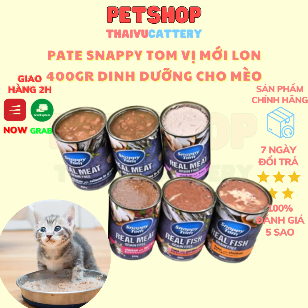 Pate Snappy Tom lon 400gr vị mới nguyên thịt trong nước sốt dễ ăn cho mèo mọi lứa tuổi