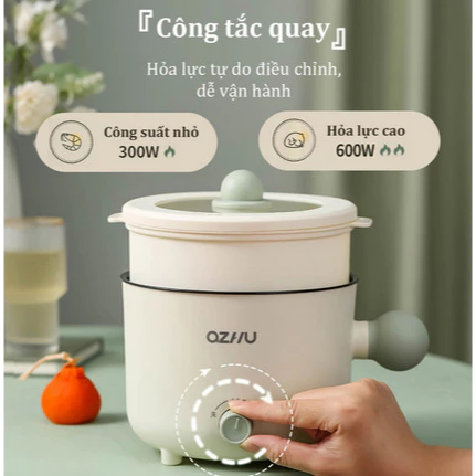 Nồi điện mini đa năng nấu cơm, nấu mì kèm khay hấp, chất liệu chống dính, dung tích 1,8L tốc độ sôi cực nhanh