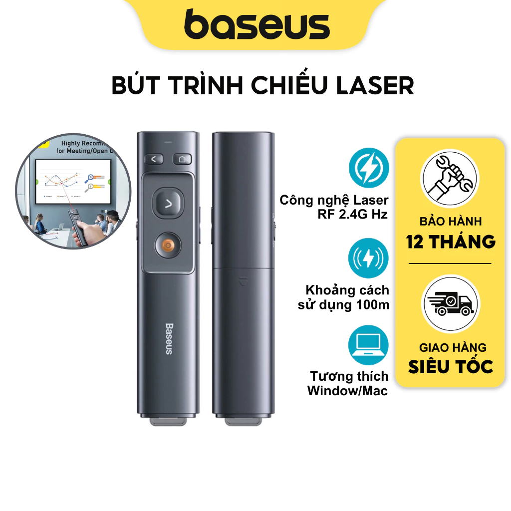 Bút trình chiếu Baseus Không Dây 2.4ghz Laser phạm vi dùng 100 m thích hợp cho Powerpoint thuyết trình bài tập nhóm ...