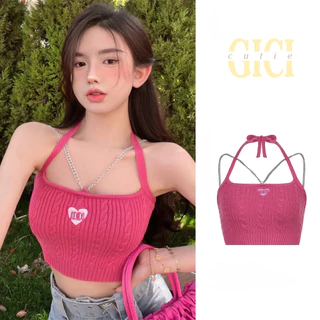 Áo Croptop Dệt Kim Such Cute Quảng Châu Phối Dây Xích Kim Loại