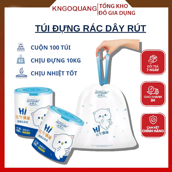Túi đựng rác dây rút Minaier chống rò rỉ nước, không sợ bẩn tay | Túi đựng rác cuộn 100 túi siêu dai kích thước 45*50cm