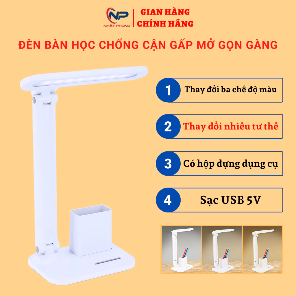 Đèn học để bàn chống cận, đèn tích điện NP-WD6072 3 chế độ sáng đổi màu,gấp gọn, có hộp đựng dụng cụ