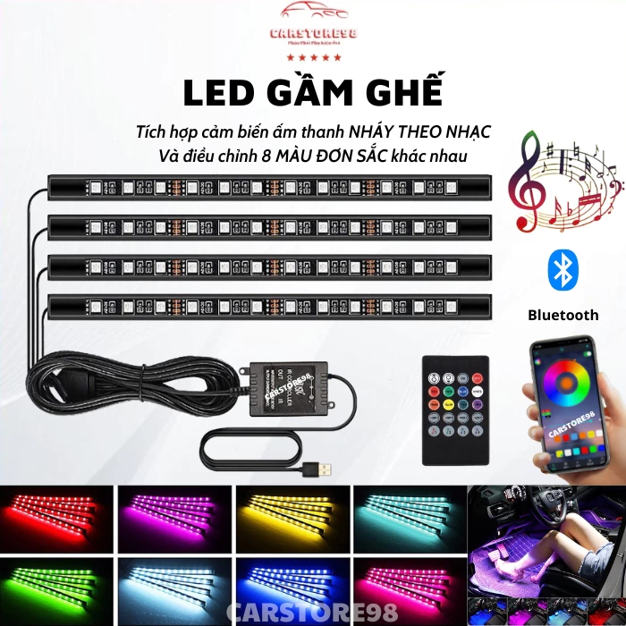 Đèn Led Gầm Ghế Nội Thất Ô Tô Nháy Theo Nhạc, Phụ Kiện Led Nội Thất Xe Sang Trọng Loại 12 Bóng 4 Dải Led 8 Màu Đơn Sắc