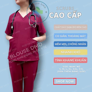 Bộ scrubs Bác sĩ Nam Nữ, Blouse cổ tim cao cấp, đồng phục phòng khám mổ, Spa, Nha khoa, Điều dưỡng, Dược sĩ màu đỏ đô