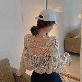 áo len dệt kim dáng thụng oversize mix dây ngọc đan lưng - KHÔNG KÈM ÁO TRONG (E257#)