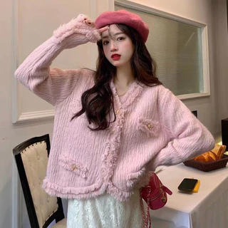 Áo cardigan len dệt kim gân sọc lông thỏ mềm mịn