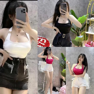 ÁO YẾM CHOÀNG CỔ PHỐI KHUY CÓ MÚT NGỰC FOM CROPTOP NGẮN TRÊN RÚN