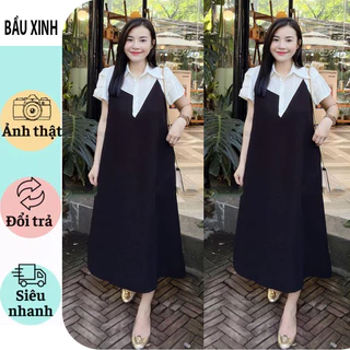 [V421 BẦU XINH] VÁY ĐẦM BẦU MÙA HÈ CÔNG SỞ DỰ TIỆC CỰC SANG- THIẾT KẾ CỔ SƠ MI TRẮNG CÁCH ĐIỆU DÁNG TIỂU THƯ XINH XẮN