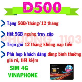 Sim 4g vinaphone gói D500 5,05gb/tháng/12 tháng trọn gói không cần nạp tiền, td49 tặng 100gb/tháng/12 tháng