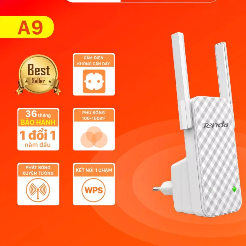 Bộ kích sóng Wifi A9 Chính hãng Tenda, Chuẩn N 300Mbps - Bảo hành chính hãng 36 tháng