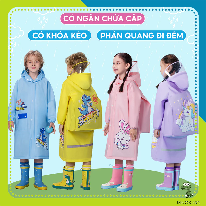 Áo mưa cho bé DINOKING Áo mưa trẻ em có khóa kéo kèm ngăn đựng cặp balo nhựa EVA siêu chống thấm bé trai bé gái PK09
