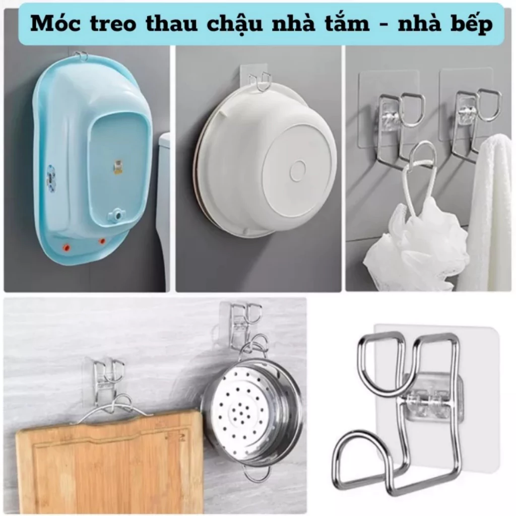 Móc dán tường inox treo chậu rổ thau thớt nhà bếp, phòng tắm siêu chắc chắn