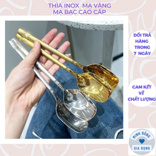 Thìa Inox Ăn Phở, Ăn Súp Mạ Vàng, Mạ Bạc Cao Cấp - Muỗng Inox Mạ Vàng Cán Dài Đầu Vuông