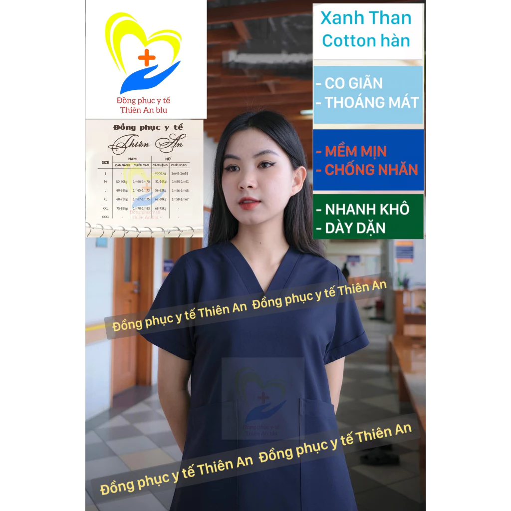 Bộ Scrubs Màu xanh Than vải Cotton Hàn cấp - bác sĩ, blouse cổ tim, đồng phục điều dưỡng, spa, thẩm mỹ viện, dược sĩ.