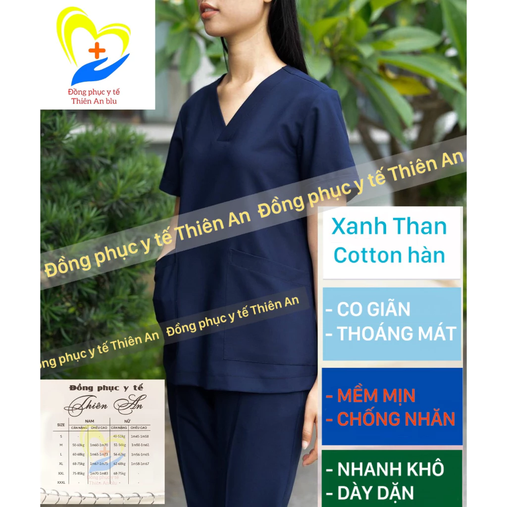 Bộ Scrubs màu Xanh than Vải cotton Hàn-bác sĩ, blouse cổ tim, đồng phục điều dưỡng, spa, thẩm mỹ viện, dược sĩ cao cấp.
