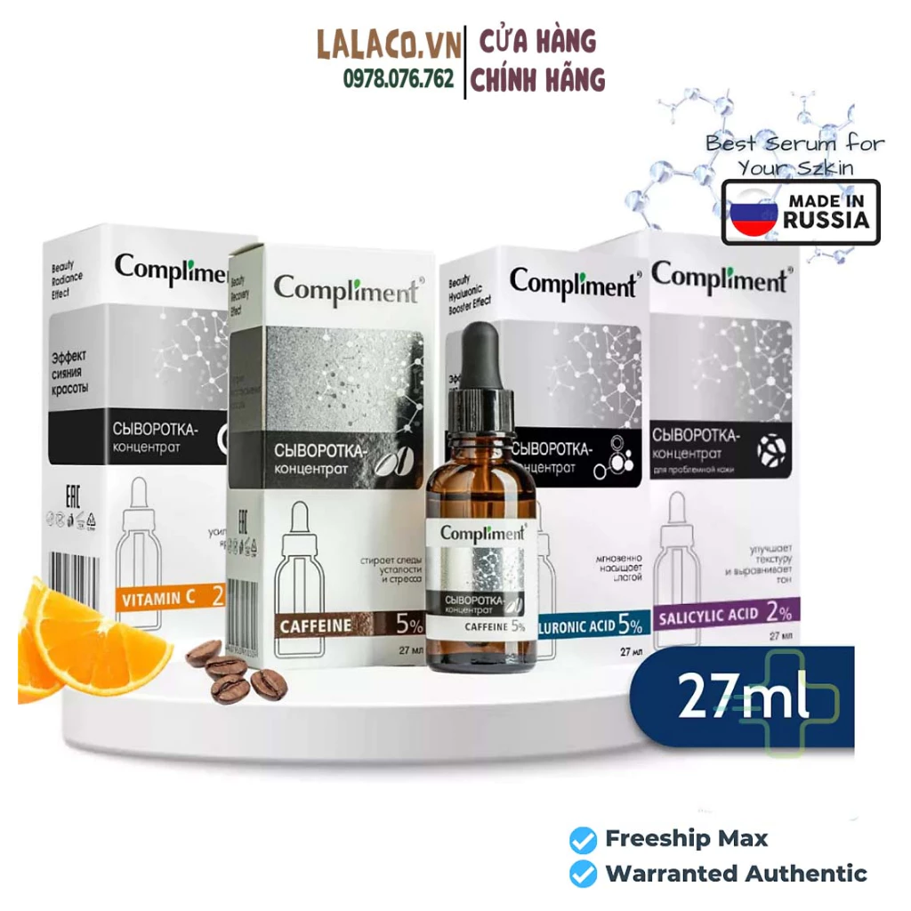 Serum Compliment 2% BHA Salicylic Acid Hyaluronic Acid B5 5% Vitamin C 20% Làm Sạch Da, Giảm Mụn Trắng Da Căng Bóng 27ml