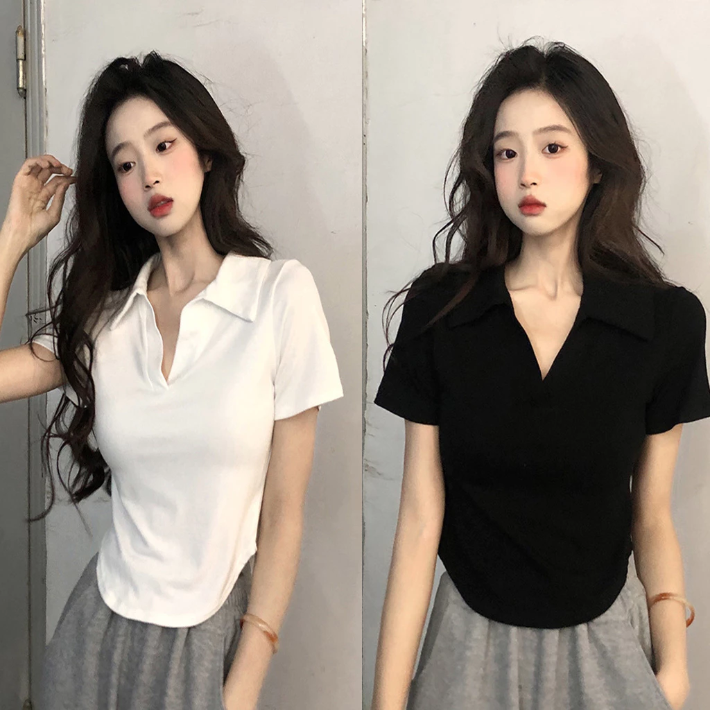 Áo polo vạt bầu croptop nữ ngắn tay tăm lạnh ôm body bo eo áo thun nữ kiểu trơn basic nhún eo LD355