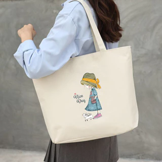 Túi tote túi vải canvas phong cách Hàn quốc, có khóa miệng ngăn phụ bên trong thời trang ulzzang