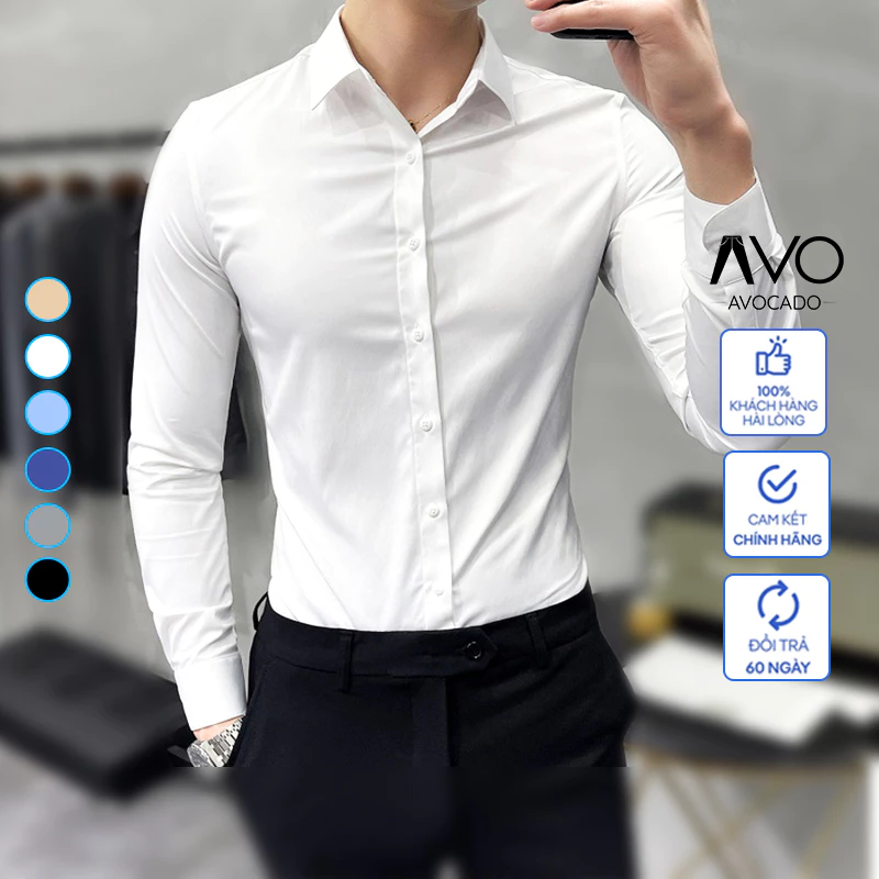 Áo sơ mi nam trơn Basic vải không nhăn cao cấp dài tay xuất dư cao cấp Avocado