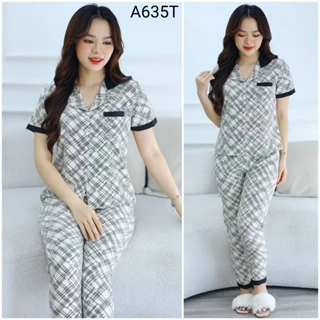 (Bunnysky) Quần áo mặc nhà nữ, đồ bộ mẫu Pyjama tay cộc quần dài, họa tiết karo chéo