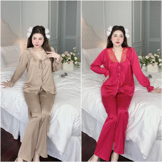 Đồ Ngủ, Pijama Tiểu Thư Tay Dài Thiết Kế Cổ Tròn Bán Nguyệt Chất Lụa Latin Mềm Mịn - Đồ Bộ Nữ Freesize