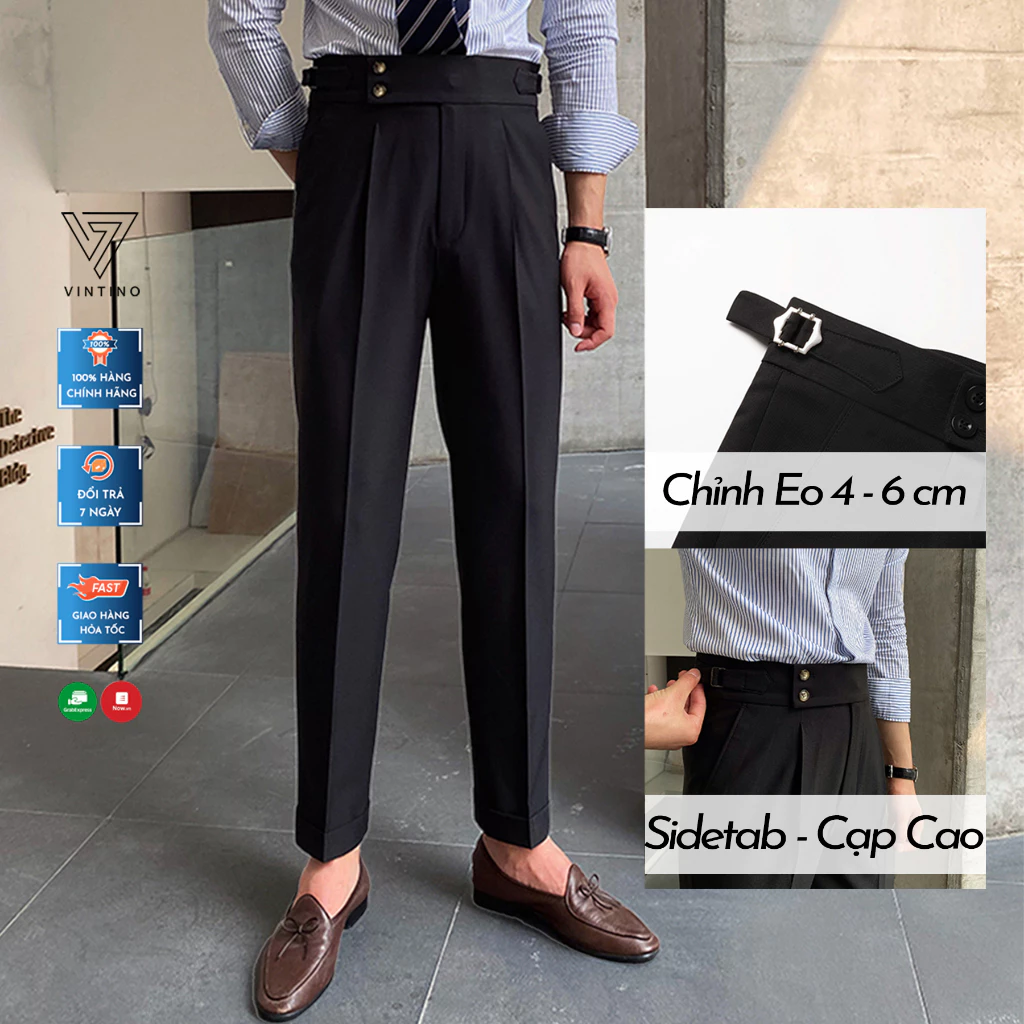 Quần âu nam cạp cao Sidetab VINTINO 2 khuy baggy suông đen kiểu hàn quốc lưng cao công sở QCC