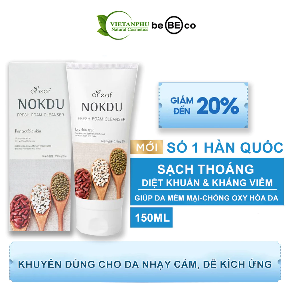 Sữa rửa mặt dành cho da nhạy cảm chống oxy hóa da bổ sung dưỡng chất và độ ẩm OREAF NOKDU FRESH FOAM CLEANSER150ml