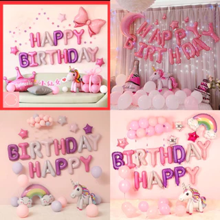 ( Kèm bơm + băng dính ) Set trang trí sinh nhật  ngựa pony màu hồng