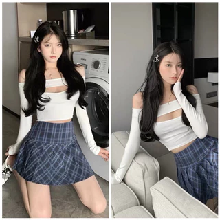 Áo kiểu thun croptop trễ vai tay dài phối hở cute bánh bèo cho nữ