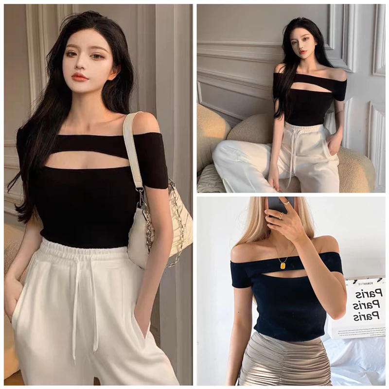 Áo kiểu thun croptop tay ngắn trễ vai phối hở sexy bánh bèo cho nữ