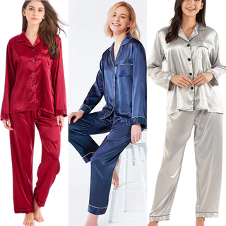 [42kg-55kg] Đồ bộ pyjama lụa satin hàng xuất xịn chất vải tuyệt đẹp màu xanh đen, xám bạc và đỏ đô