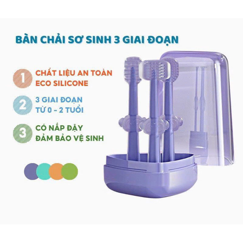 Set bàn chải sơ sinh 3 giai đoạn cho bé 0-18 tháng kèm hộp