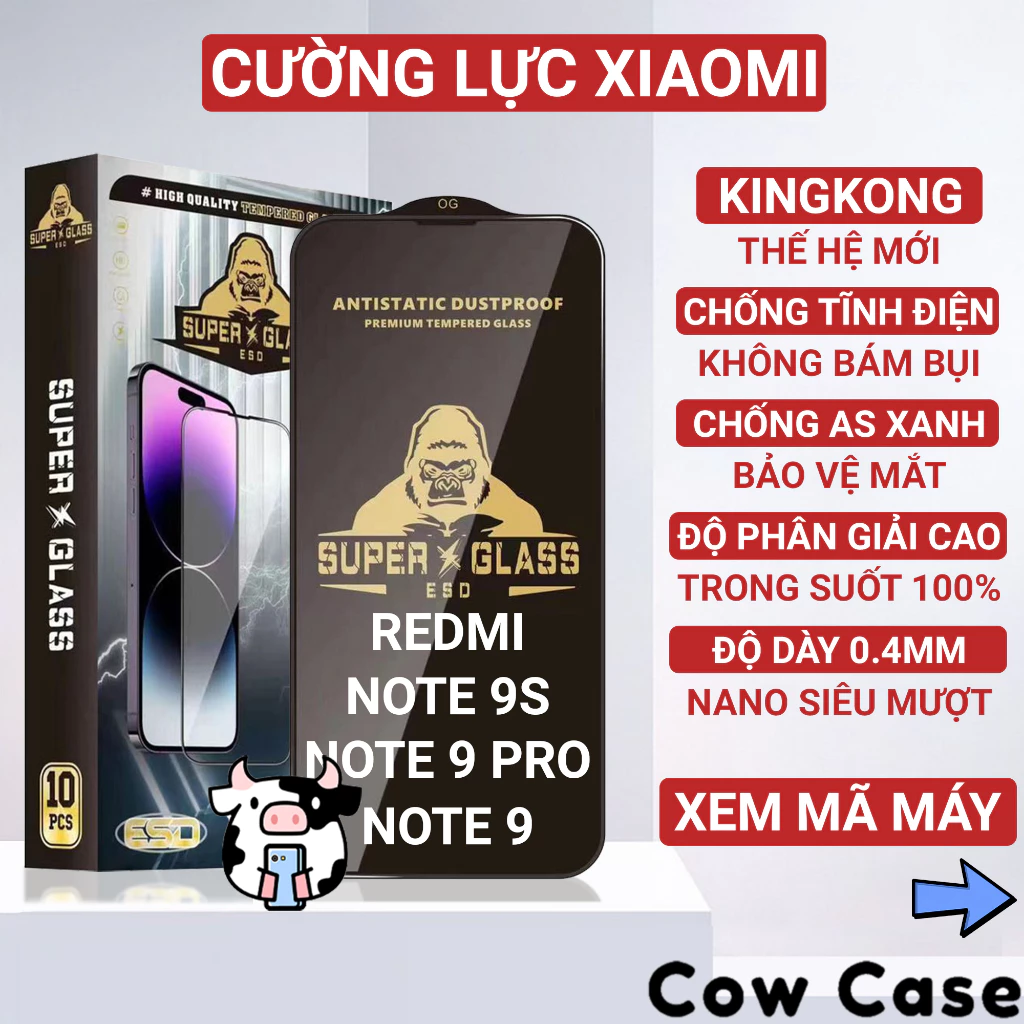 Kính cường lực Redmi Note 9s / Note 9 Pro Kingkong full màn | Miếng dán bảo vệ màn hình cho Xiaomi Cowcase