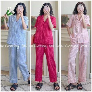 Bộ Ngủ Pijama Nữ Xốp Hàn Mềm Cộc Dài Kẻ Caro